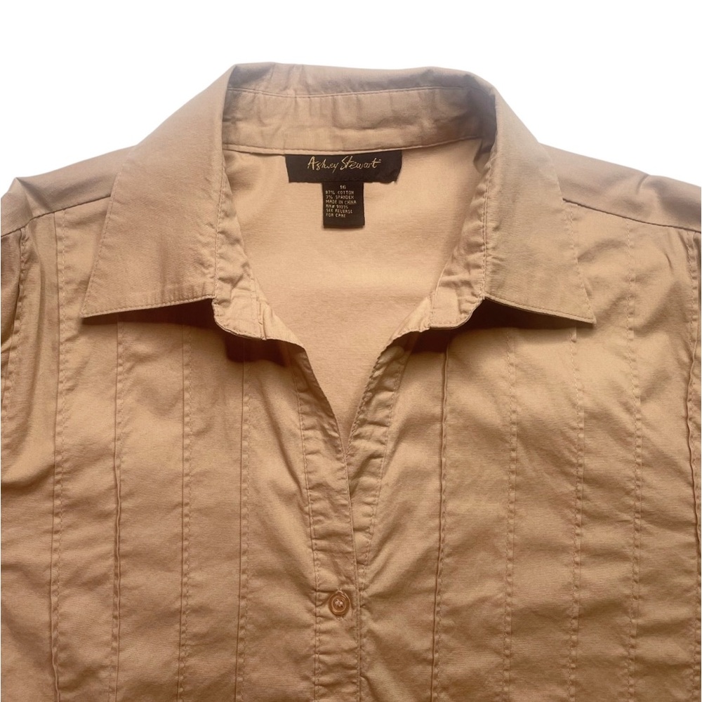 FLAWs Ashley Stewart Tan Long Sleeve Blouse Pintucks Feminine Flowy Sz 16 Beige